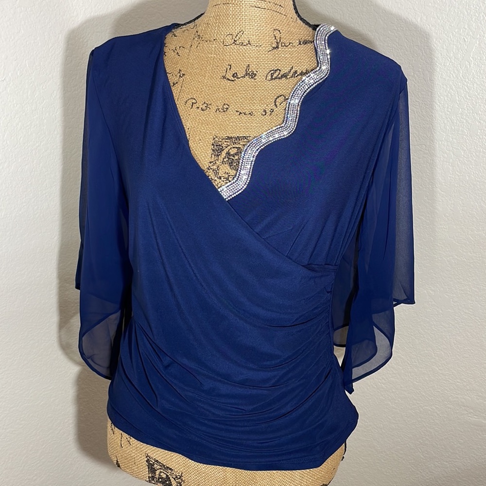 COPY- MSK Embellished Chiffon Sleeve Top Rhinestone Faux Wrap Surplice Blouse - Picture 3 of 17